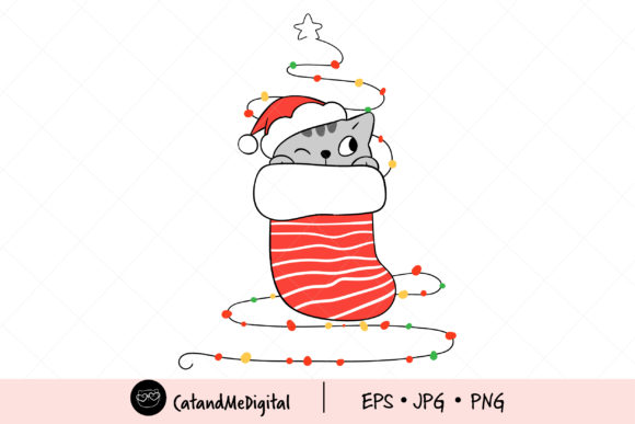 Cat in Christmas Sock Clip Art Illustrations