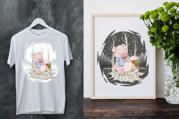 Christmas Winter Snow with Cute Pig Illustrations