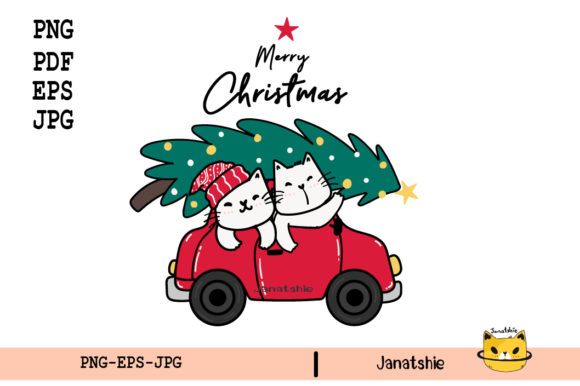 Vector Cartoon Cat in Red Car Christmas Illustrations