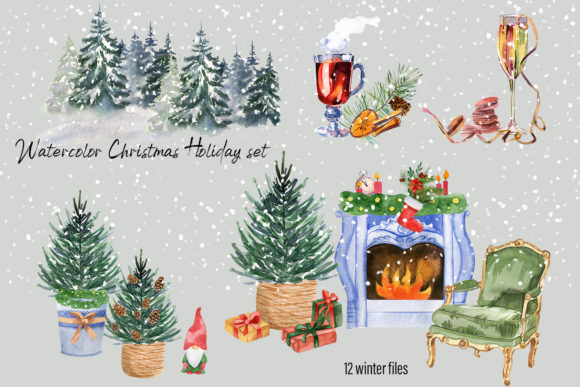 Watercolor Christmas Clipart Scene Illustrations