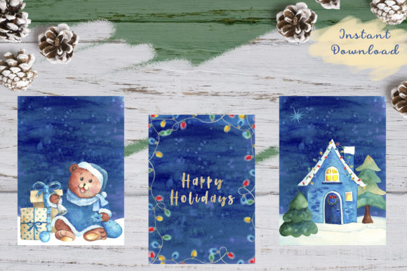 X3 Watercolor Christmas Greeting Cards Illustrations